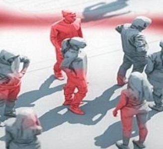 White, gray and red illustration of people standing apart